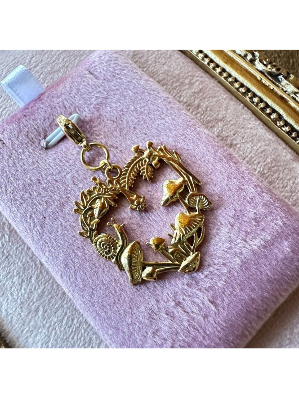 Heart-Shaped Forest Charm w/ Mushrooms & Snail Lobster Claw Clasp - Picture 7 of 14